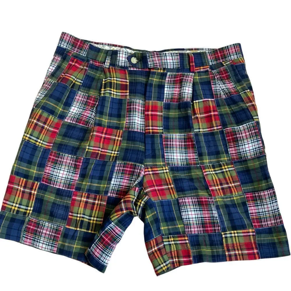 Berle Vintage Cotton Madras Plaid Pleated Front Chino Shorts Preppy Sz 34
